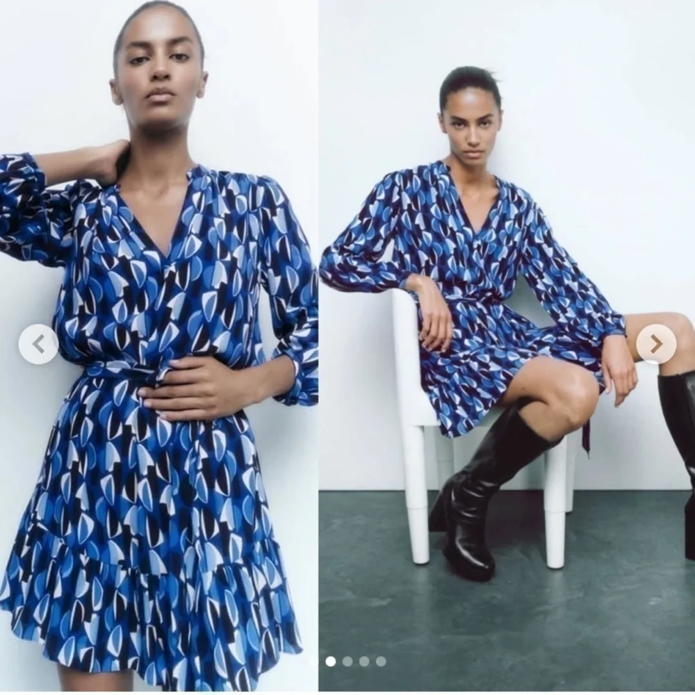 Zara Blue Geometric Print Ruffle Mini Dress Belted V Neck Long Sleeve XS - Picture 9 of 10